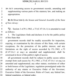 Latest OPRA bill amendments appears to remove first section of current law that supports the public’s right to know
