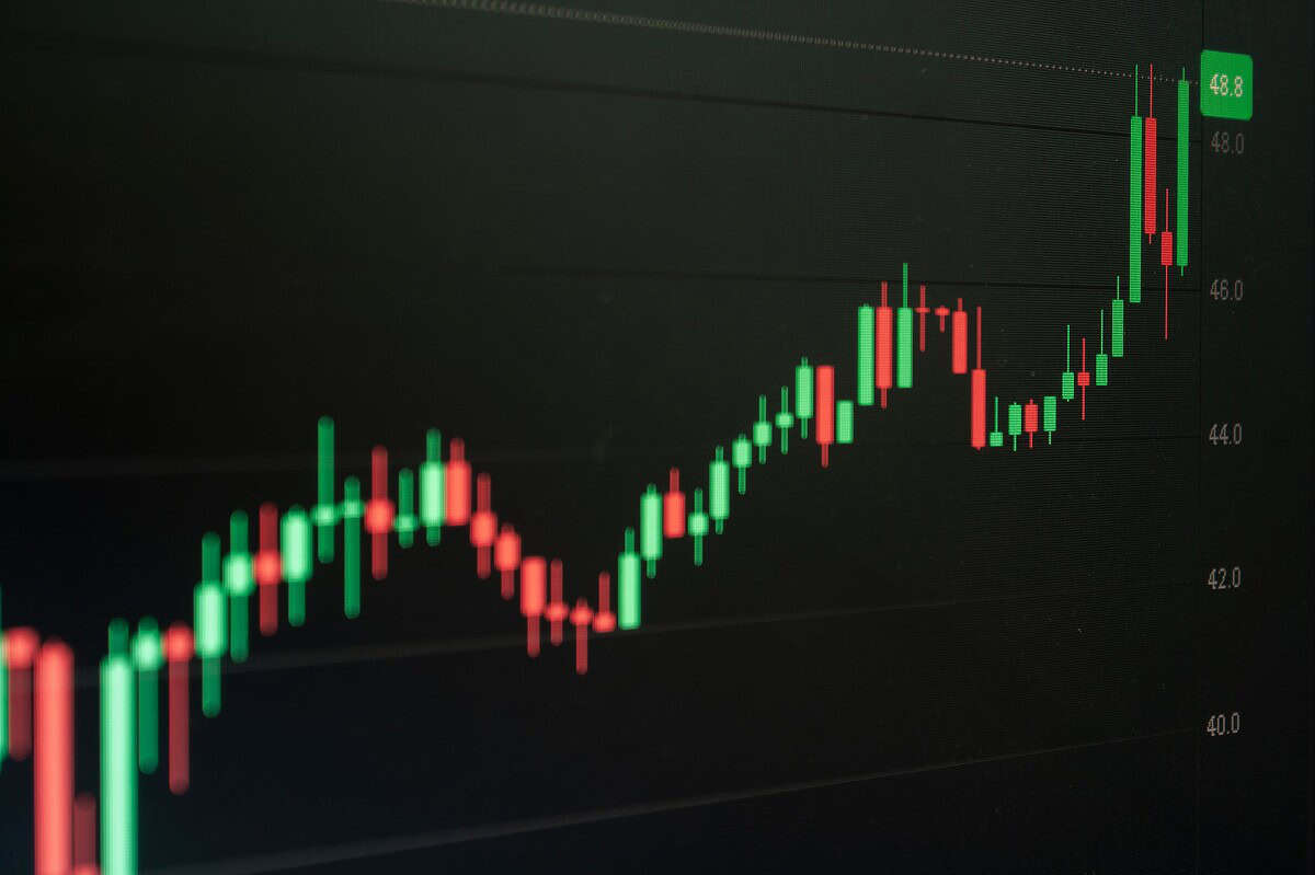 Close-up of a digital candlestick chart indicating bullish market trends in trading.