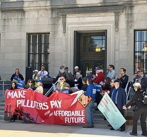 Faith leaders and advocates rally at the New Jersey State House urging passage of the Polluters Pay Climate Superfund Act