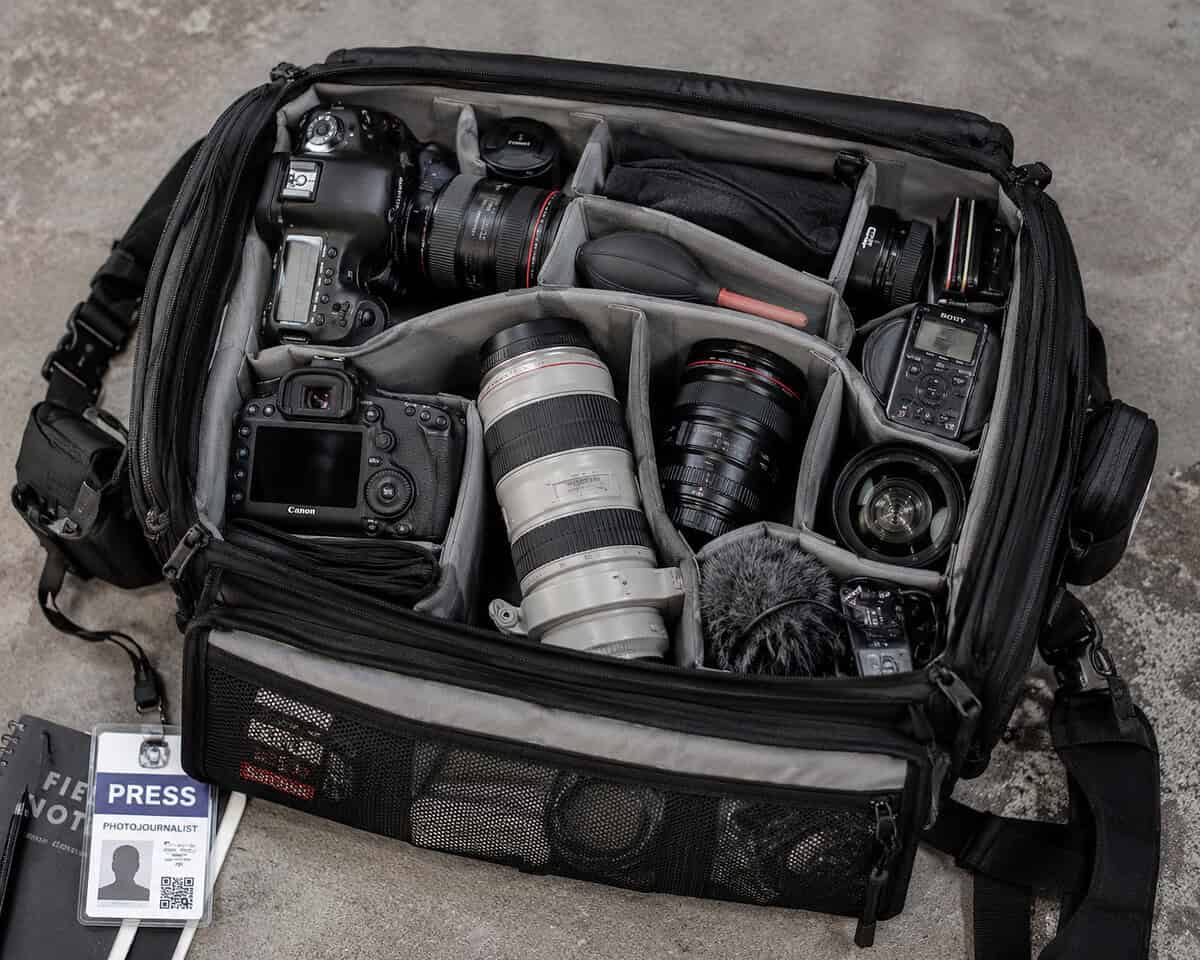 Camera bag and photography equipment belonging to a photojournalist detained outside Delaney Hall