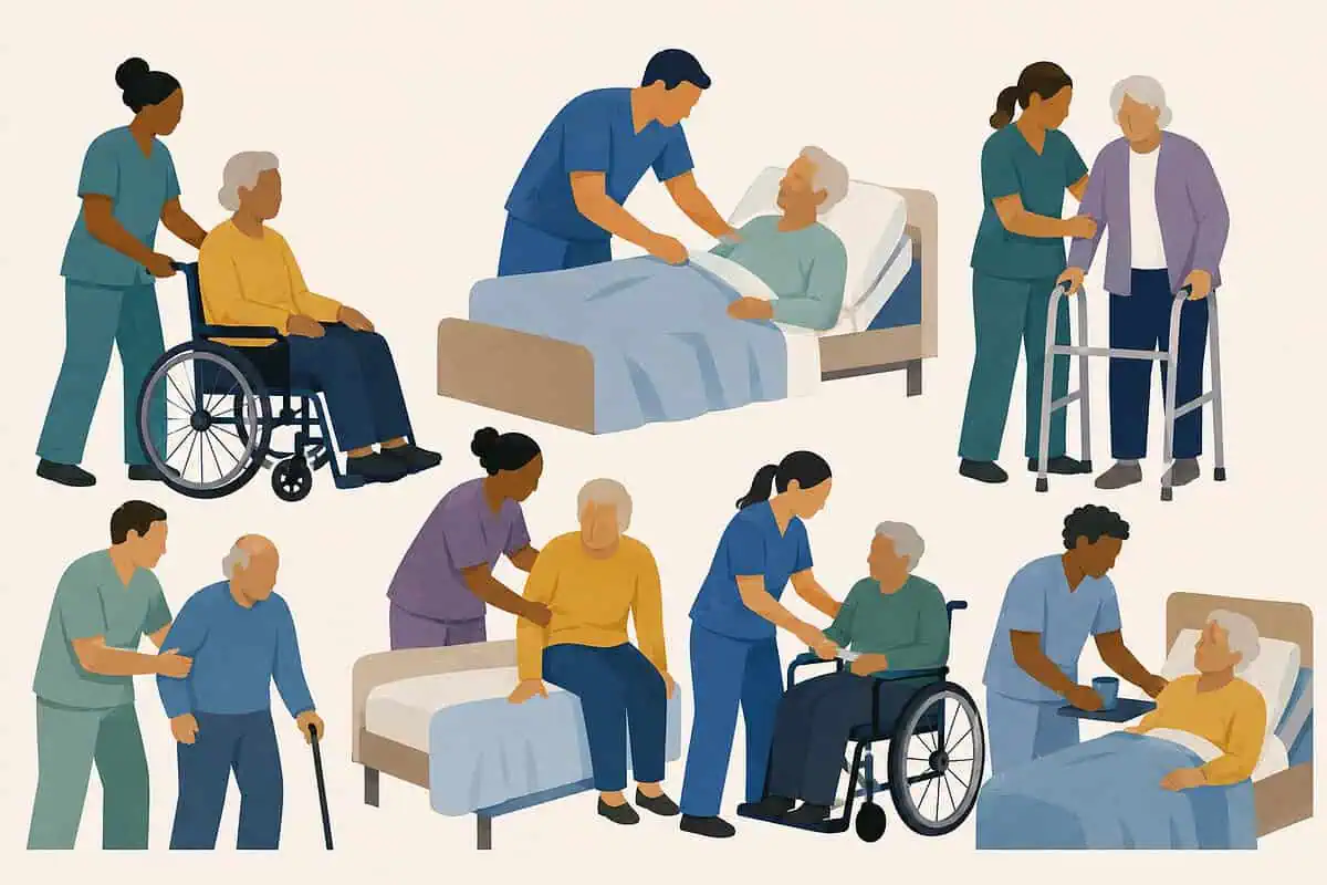 Caregivers assisting elderly individuals