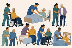 Caregivers assisting elderly individuals