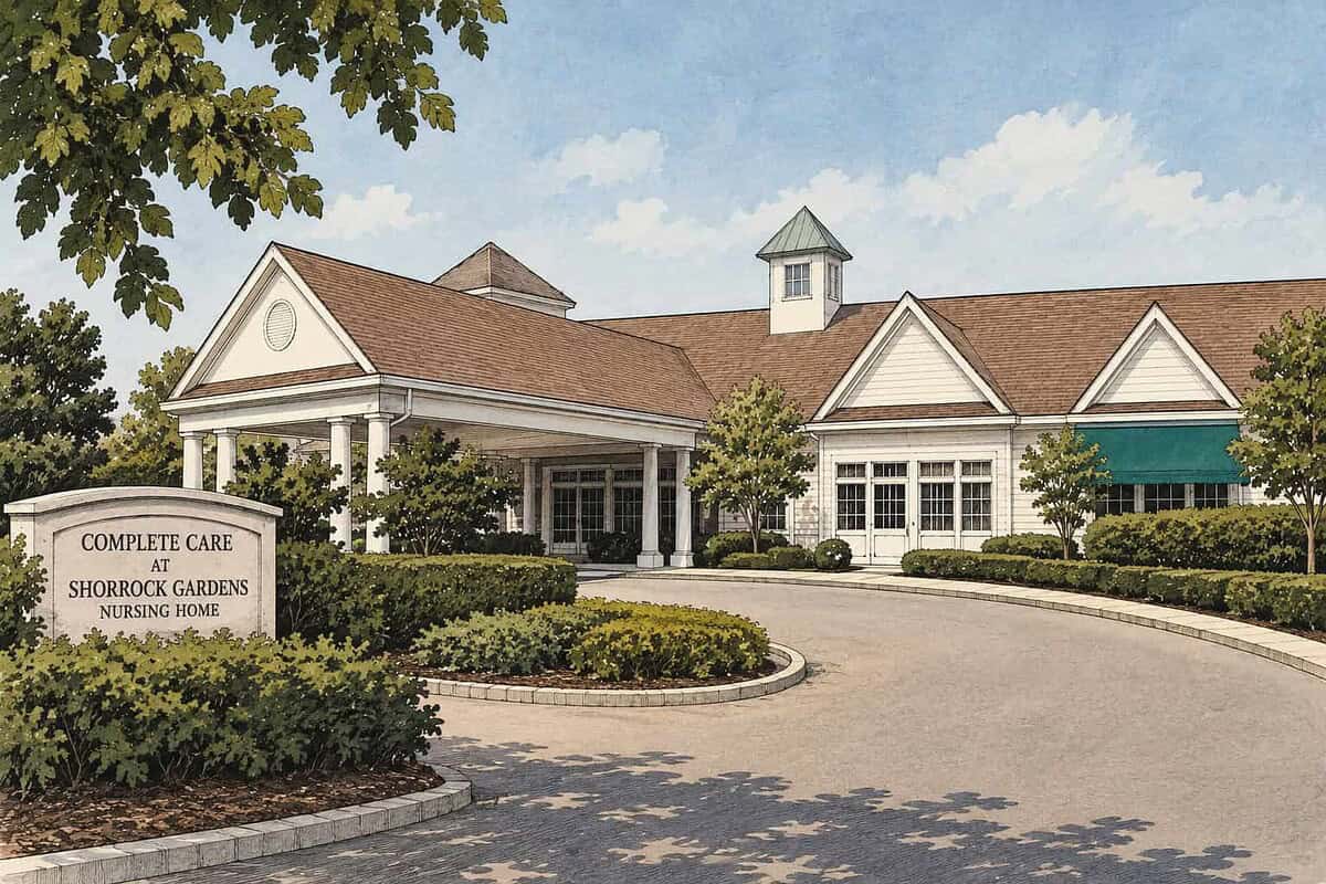 The outside of a nursing home, front view with sign.