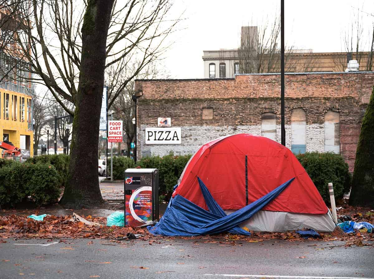 Red tent for homeless people placed near asphalt road on street with tree and buildings in town against cloudless sky